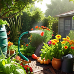 **

A lush, green garden bursting with colorful flowers and vegetables. A happy person is watering the plants with water from a rain barrel. Sunlight streams through the leaves. The scene evokes a sense of abundance and sustainability.

**