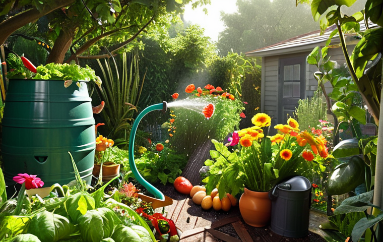 **
A lush, green garden bursting with colorful flowers and vegetables. A happy person is watering the plants with water from a rain barrel. Sunlight streams through the leaves. The scene evokes a sense of abundance and sustainability.
**
