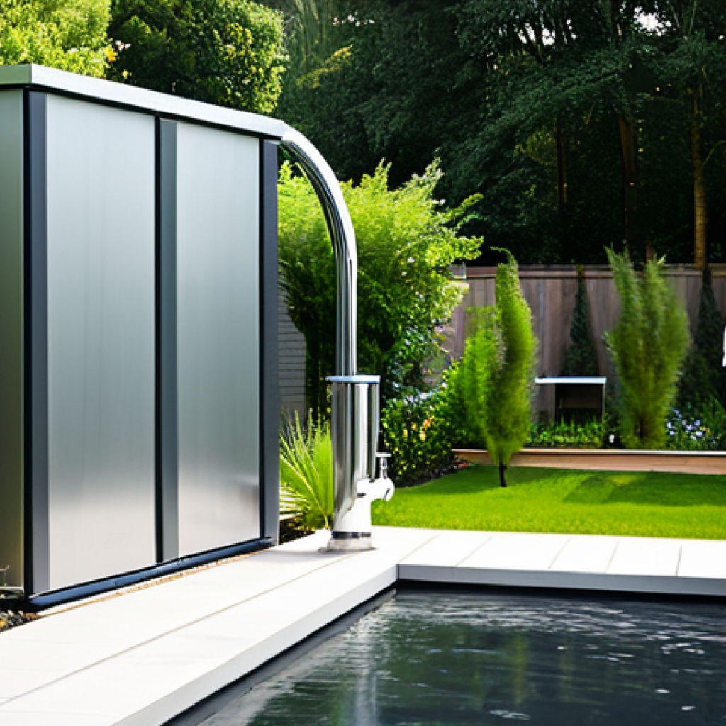 A professional-looking homeowner, fully clothed in modest, practical attire, stands beside a sleek, integrated rainwater harvesting system attached to a modern, eco-friendly house. The system features a discreet, flat-panel water tank blending seamlessly with the architecture, and an easily accessible tap. The vibrant garden is lush and healthy, showcasing sustainable living. The scene is bathed in bright, natural daylight, captured with professional photography and high detail. Perfect anatomy, correct proportions, natural pose, well-formed hands, proper finger count, natural body proportions. safe for work, appropriate content, fully clothed, family-friendly.