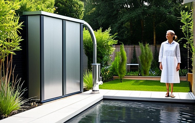 A professional-looking homeowner, fully clothed in modest, practical attire, stands beside a sleek, integrated rainwater harvesting system attached to a modern, eco-friendly house. The system features a discreet, flat-panel water tank blending seamlessly with the architecture, and an easily accessible tap. The vibrant garden is lush and healthy, showcasing sustainable living. The scene is bathed in bright, natural daylight, captured with professional photography and high detail. Perfect anatomy, correct proportions, natural pose, well-formed hands, proper finger count, natural body proportions. safe for work, appropriate content, fully clothed, family-friendly.
