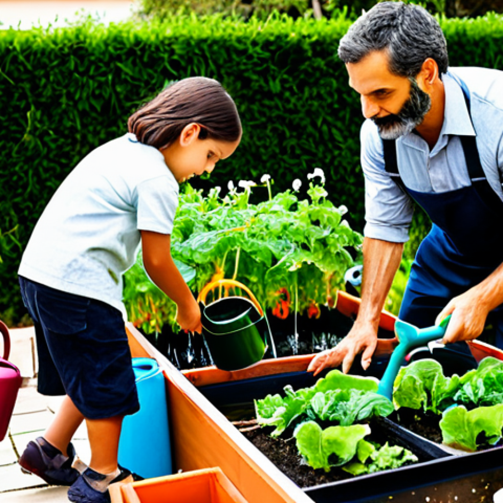 **

"A modern Spanish family working together in their urban garden, filling watering cans from a rainwater collection tank. The garden is lush with vegetables and flowers, showcasing sustainable living in a city setting. Fully clothed, appropriate attire, safe for work, perfect anatomy, natural proportions, professional photography, high quality, family-friendly."

**