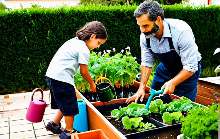 **
"A modern Spanish family working together in their urban garden, filling watering cans from a rainwater collection tank. The garden is lush with vegetables and flowers, showcasing sustainable living in a city setting. Fully clothed, appropriate attire, safe for work, perfect anatomy, natural proportions, professional photography, high quality, family-friendly."
**
