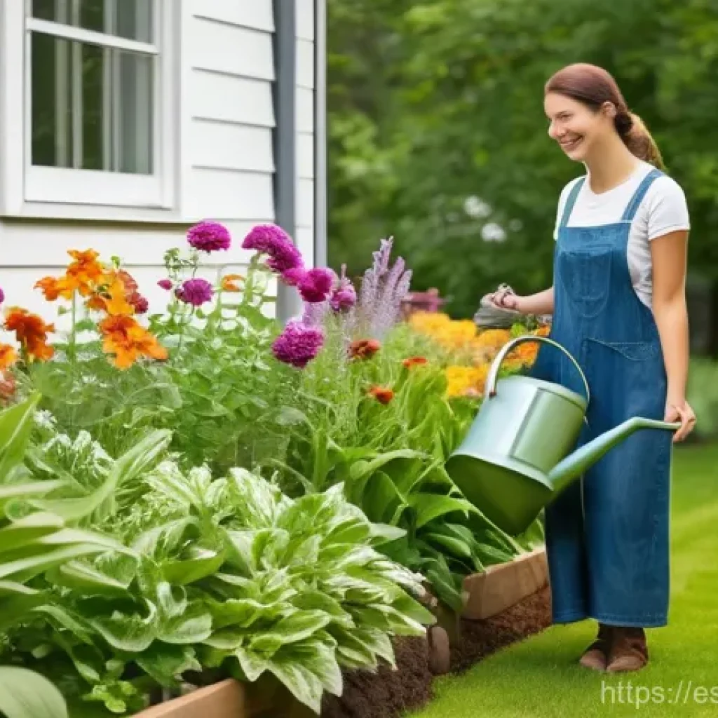 빗물 재활용의 기후 변화 대응 방안 - **Prompt 1: Joyful Gardener with Rainwater**
"A smiling woman in her late 30s, dressed in comfor...