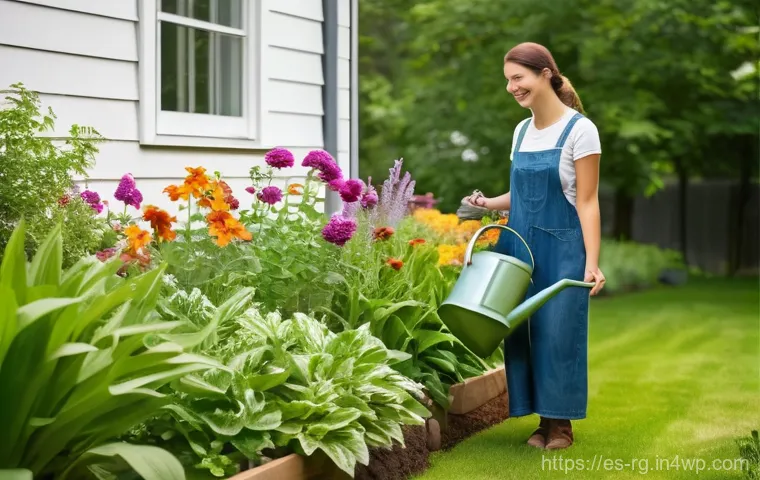 빗물 재활용의 기후 변화 대응 방안 - **Prompt 1: Joyful Gardener with Rainwater**
"A smiling woman in her late 30s, dressed in comfor...