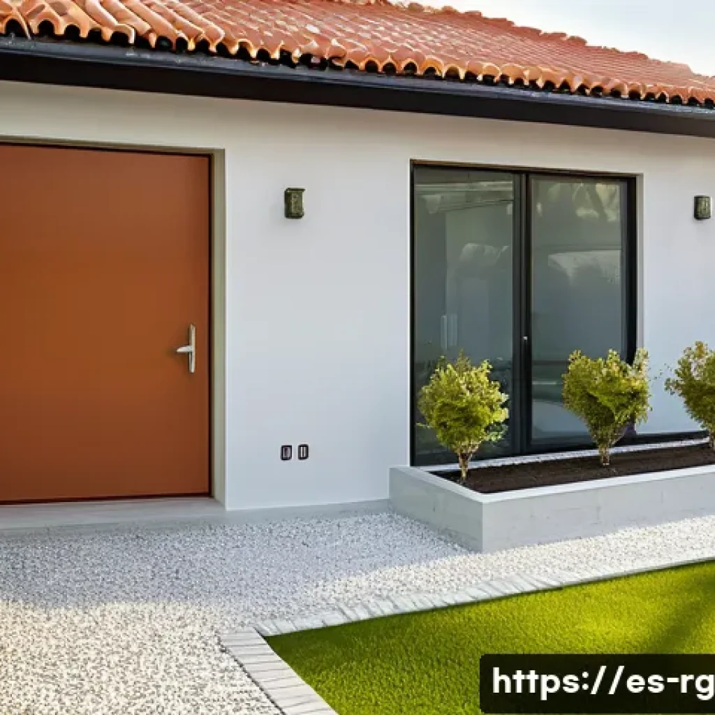 빗물 재활용과 대체 에너지 사용 - A modern Spanish suburban home with a rainwater harvesting system installed: visible gutter channels...