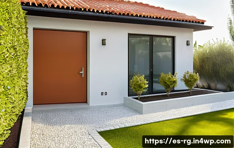 빗물 재활용과 대체 에너지 사용 - A modern Spanish suburban home with a rainwater harvesting system installed: visible gutter channels...