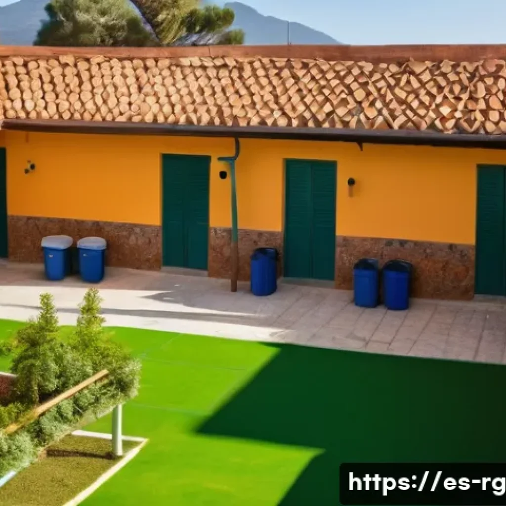 학교에서의 빗물 재활용 프로그램 - A vibrant school courtyard in a Spanish town with children and teachers actively participating in in...