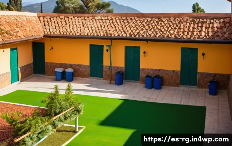 학교에서의 빗물 재활용 프로그램 - A vibrant school courtyard in a Spanish town with children and teachers actively participating in in...