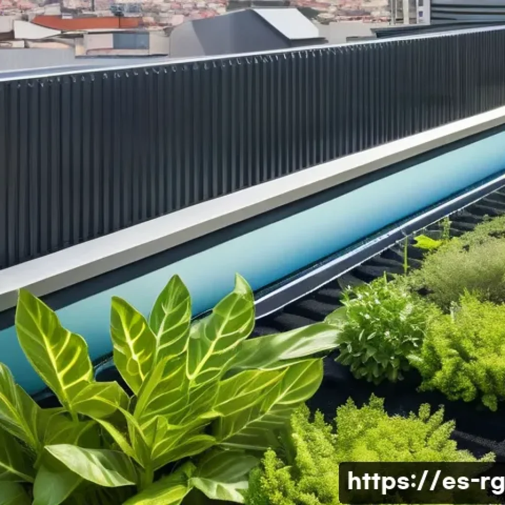 빗물 재활용을 위한 연구 개발 동향 - A modern urban rooftop garden designed for rainwater harvesting, featuring wide gutters and integrat...