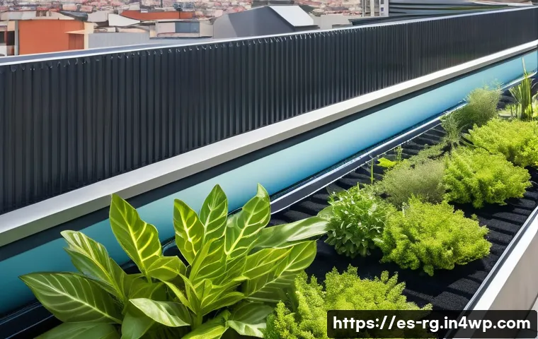 빗물 재활용을 위한 연구 개발 동향 - A modern urban rooftop garden designed for rainwater harvesting, featuring wide gutters and integrat...