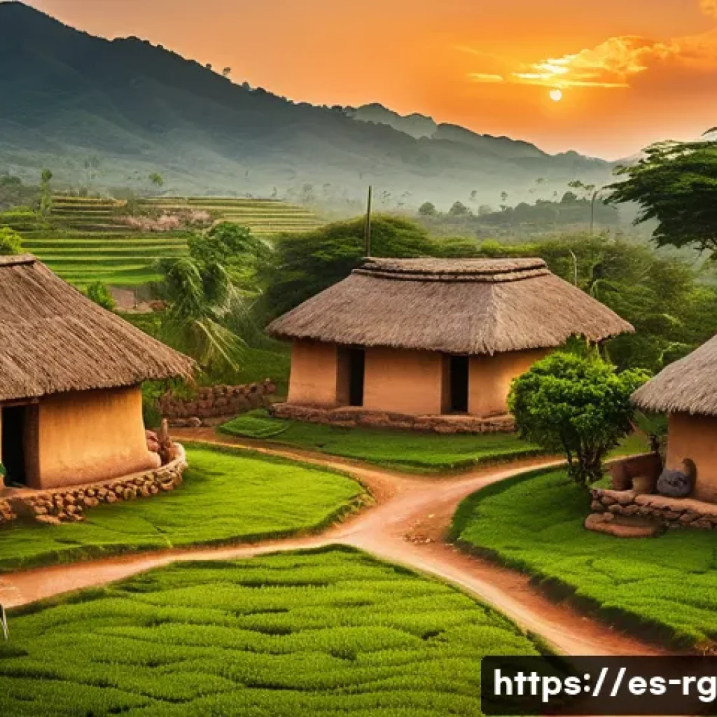 빗물 재활용 기술의 국제적 비교 - A traditional rural Latin American village scene at sunset, featuring indigenous people maintaining ...