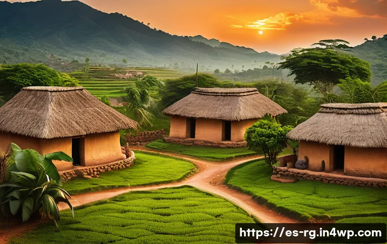 빗물 재활용 기술의 국제적 비교 - A traditional rural Latin American village scene at sunset, featuring indigenous people maintaining ...