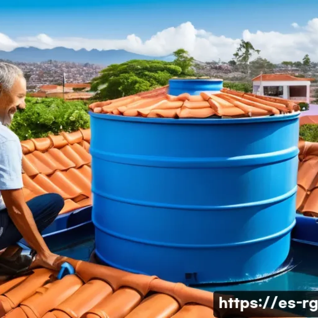 빗물 재활용과 수자원 관리의 중요성 - A modern residential rooftop rainwater harvesting system in a sunny Latin American urban setting, fe...