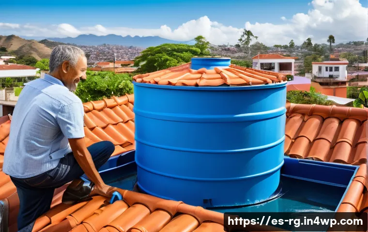 빗물 재활용과 수자원 관리의 중요성 - A modern residential rooftop rainwater harvesting system in a sunny Latin American urban setting, fe...