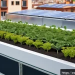 Home 21 빗물 재활용을 위한 대안 기술 - A modern urban rooftop garden equipped with an integrated rainwater harvesting system featuring slee...