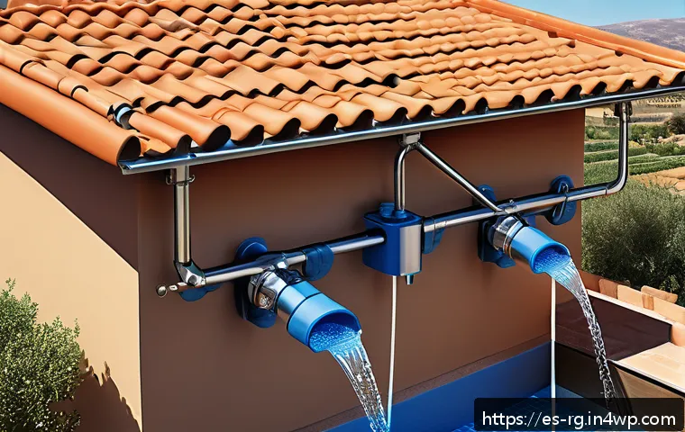 빗물 재활용 설계 시 고려사항 - A detailed illustration of a Mediterranean rainwater harvesting system installed on a traditional Sp...