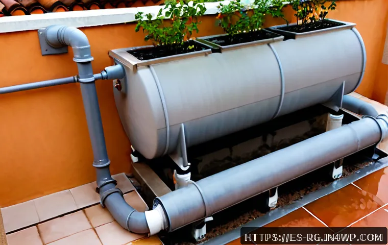 유럽의 빗물 재활용 정책 - Photorealistic rooftop rainwater harvesting system on a modern Mediterranean apartment building in V...