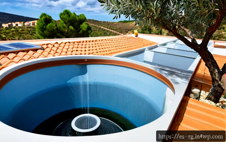 빗물 수집 기술의 발전 - Photorealistic modern Mediterranean home in Spain with an advanced rooftop rainwater harvesting syst...